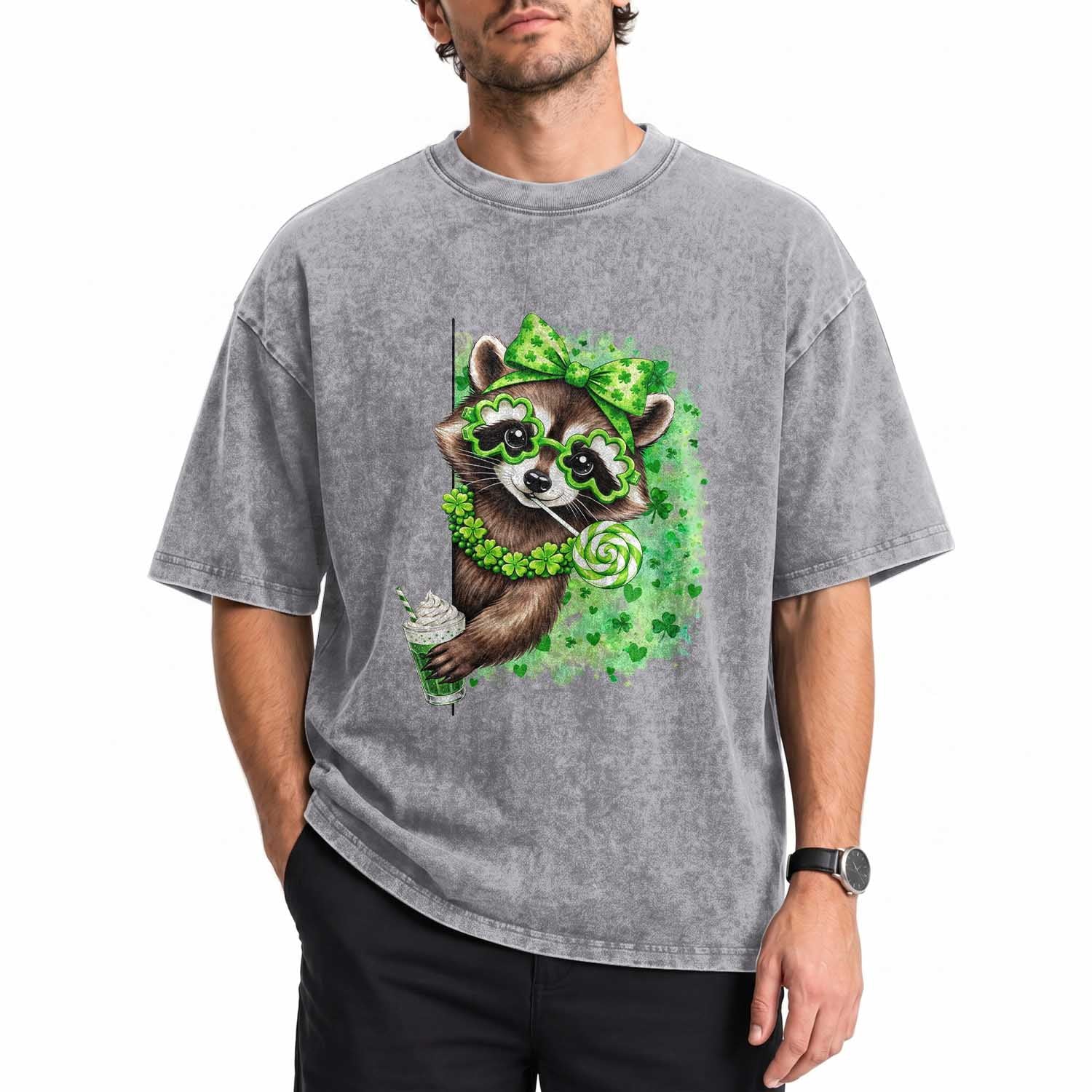 Funny Raccoon St Patricks Day Washed Cotton T-Shirt Irish Party Animal Gift