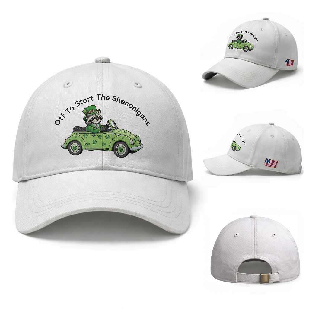 Off To Start The Shenanigans Baseball Cap Funny Irish Raccoon TS12 Baseball Cap Universal Fit White Print Your Wear