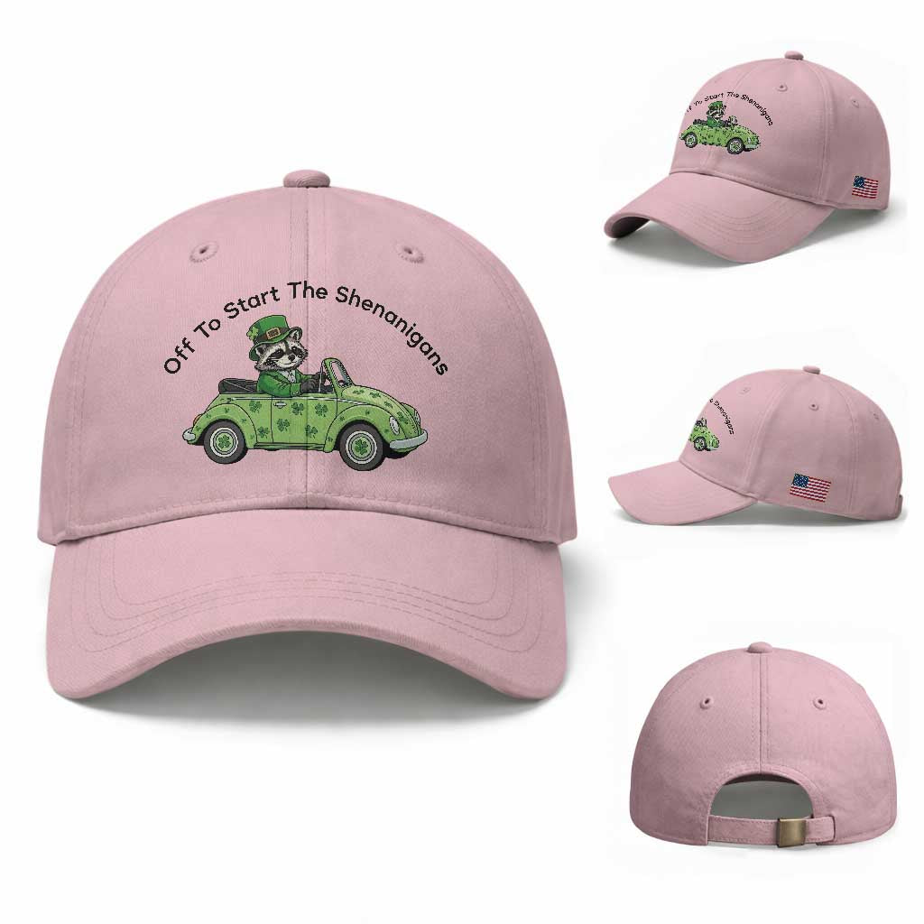 Off To Start The Shenanigans Baseball Cap Funny Irish Raccoon TS12 Baseball Cap Universal Fit Light Pink Print Your Wear