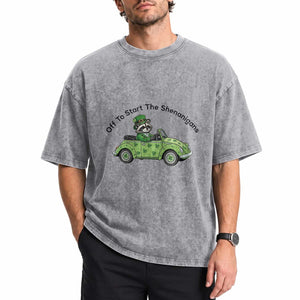 Off To Start The Shenanigans Washed Cotton T-Shirt Funny Irish Raccoon