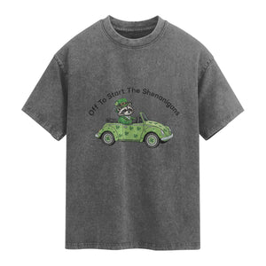 Off To Start The Shenanigans Washed Cotton T-Shirt Funny Irish Raccoon