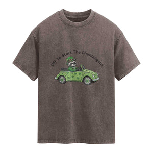 Off To Start The Shenanigans Washed Cotton T-Shirt Funny Irish Raccoon