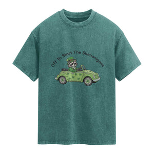Off To Start The Shenanigans Washed Cotton T-Shirt Funny Irish Raccoon