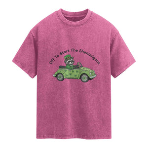 Off To Start The Shenanigans Washed Cotton T-Shirt Funny Irish Raccoon