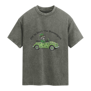 Off To Start The Shenanigans Washed Cotton T-Shirt Funny Irish Raccoon