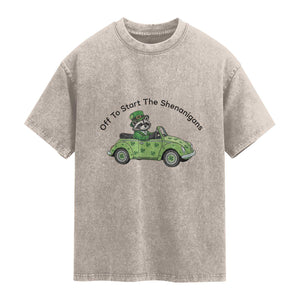 Off To Start The Shenanigans Washed Cotton T-Shirt Funny Irish Raccoon