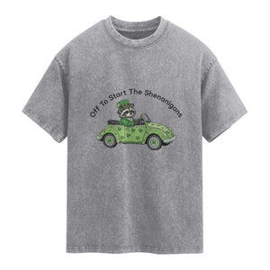 Off To Start The Shenanigans Washed Cotton T-Shirt Funny Irish Raccoon