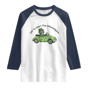 Off To Start The Shenanigans Raglan Shirt Funny Irish Raccoon TS12 White Navy Print Your Wear