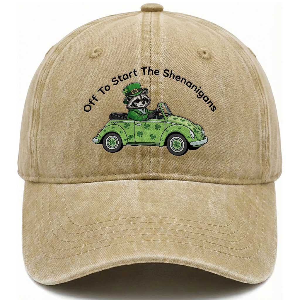 Off To Start The Shenanigans Washed Cotton Baseball Cap Funny Irish Raccoon TS12 Print Your Wear