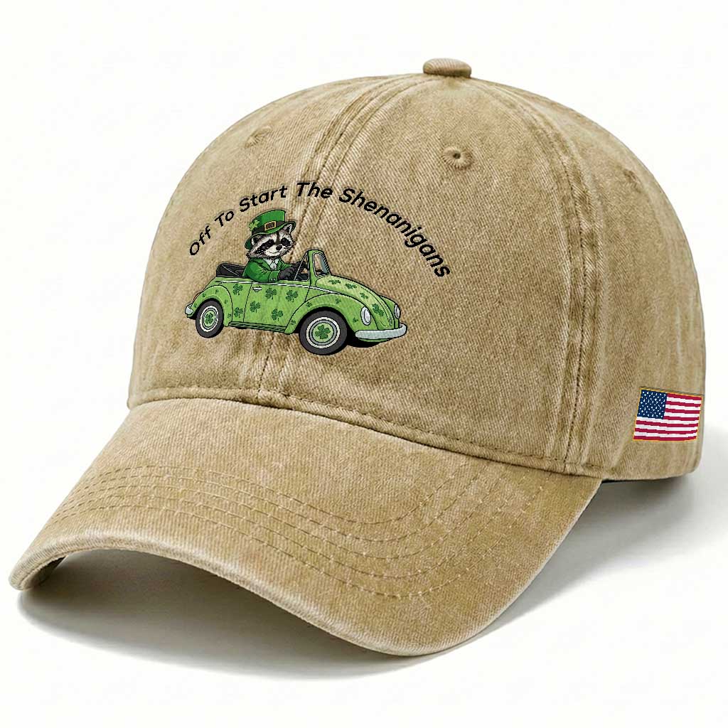 Off To Start The Shenanigans Washed Cotton Baseball Cap Funny Irish Raccoon TS12 Print Your Wear