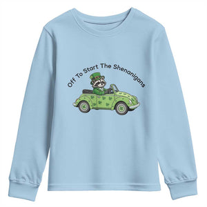 Off To Start The Shenanigans Youth Sweatshirt Funny Irish Raccoon TS12 Light Blue Print Your Wear