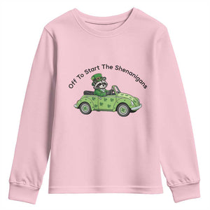 Off To Start The Shenanigans Youth Sweatshirt Funny Irish Raccoon TS12 Light Pink Print Your Wear