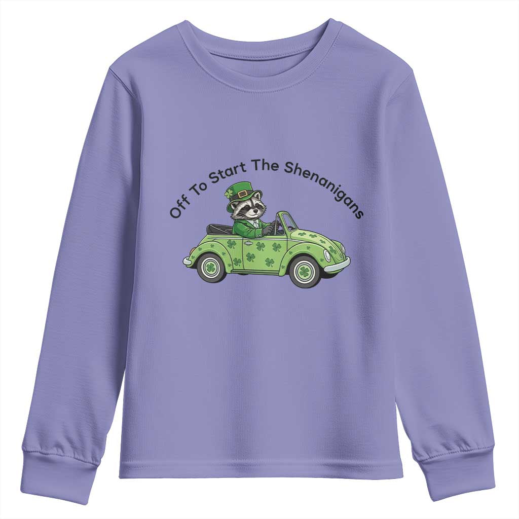 Off To Start The Shenanigans Youth Sweatshirt Funny Irish Raccoon TS12 Violet Print Your Wear