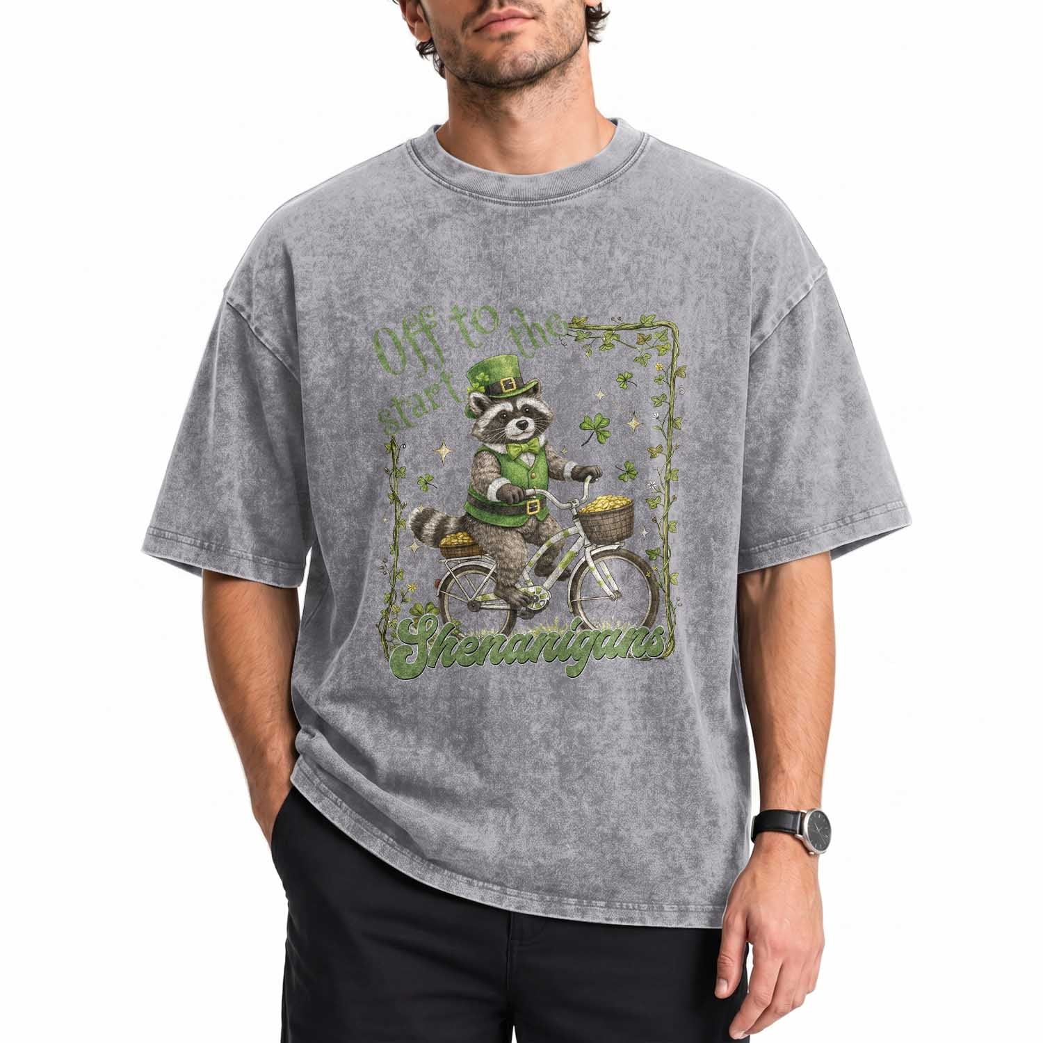 Funny Irish Raccoon Driver Washed Cotton T-Shirt Off To Start The Shenanigans