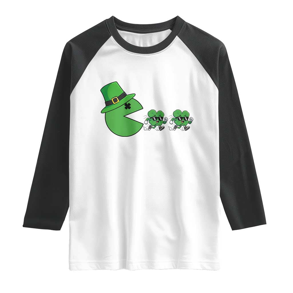 St Patricks Day Retro Gamer Eating Shamrock Lucky Gift Raglan Shirt TS12 White Black Print Your Wear