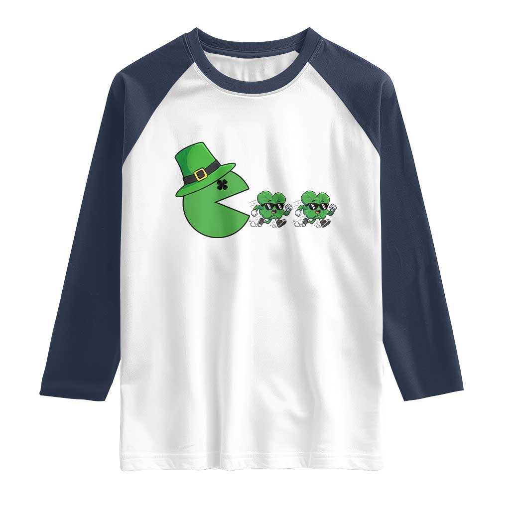 St Patricks Day Retro Gamer Eating Shamrock Lucky Gift Raglan Shirt TS12 White Navy Print Your Wear