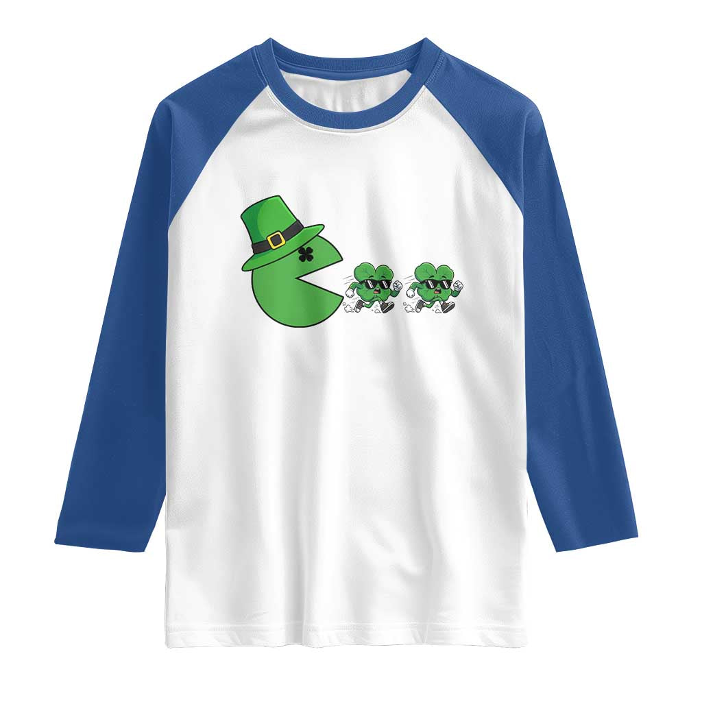 St Patricks Day Retro Gamer Eating Shamrock Lucky Gift Raglan Shirt TS12 White Royal Print Your Wear