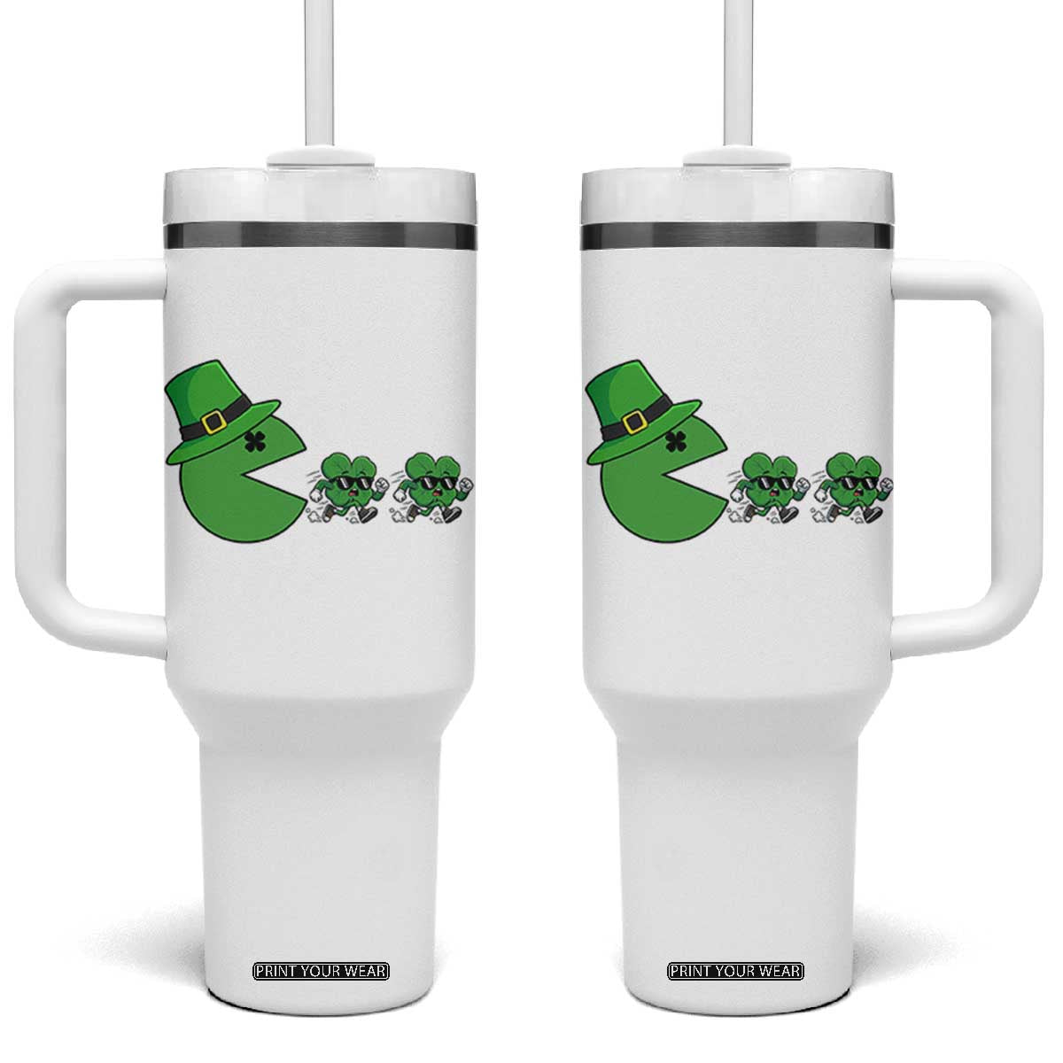 St Patricks Day Retro Gamer Eating Shamrock Lucky Gift Tumbler With Handle TS12 One Size: 40 oz White Print Your Wear