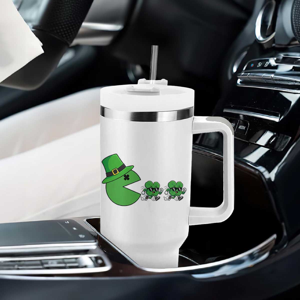 St Patricks Day Retro Gamer Eating Shamrock Lucky Gift Tumbler With Handle TS12 Print Your Wear