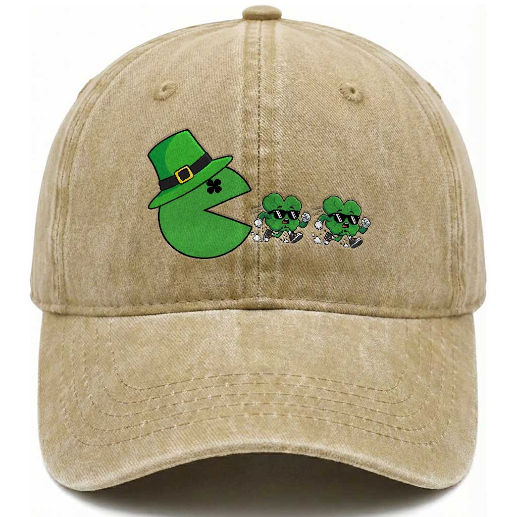 St Patricks Day Retro Gamer Eating Shamrock Lucky Gift Washed Cotton Baseball Cap TS12 Print Your Wear