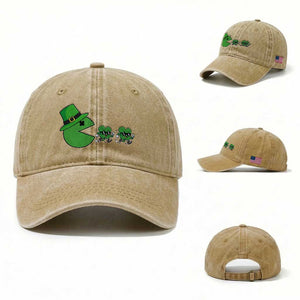 St Patricks Day Retro Gamer Eating Shamrock Lucky Gift Washed Cotton Baseball Cap TS12 Washed Cap Universal Fit Khaki Print Your Wear
