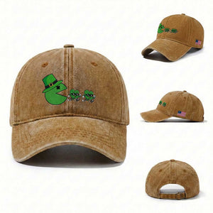 St Patricks Day Retro Gamer Eating Shamrock Lucky Gift Washed Cotton Baseball Cap TS12 Washed Cap Universal Fit Yellow Ochre Print Your Wear