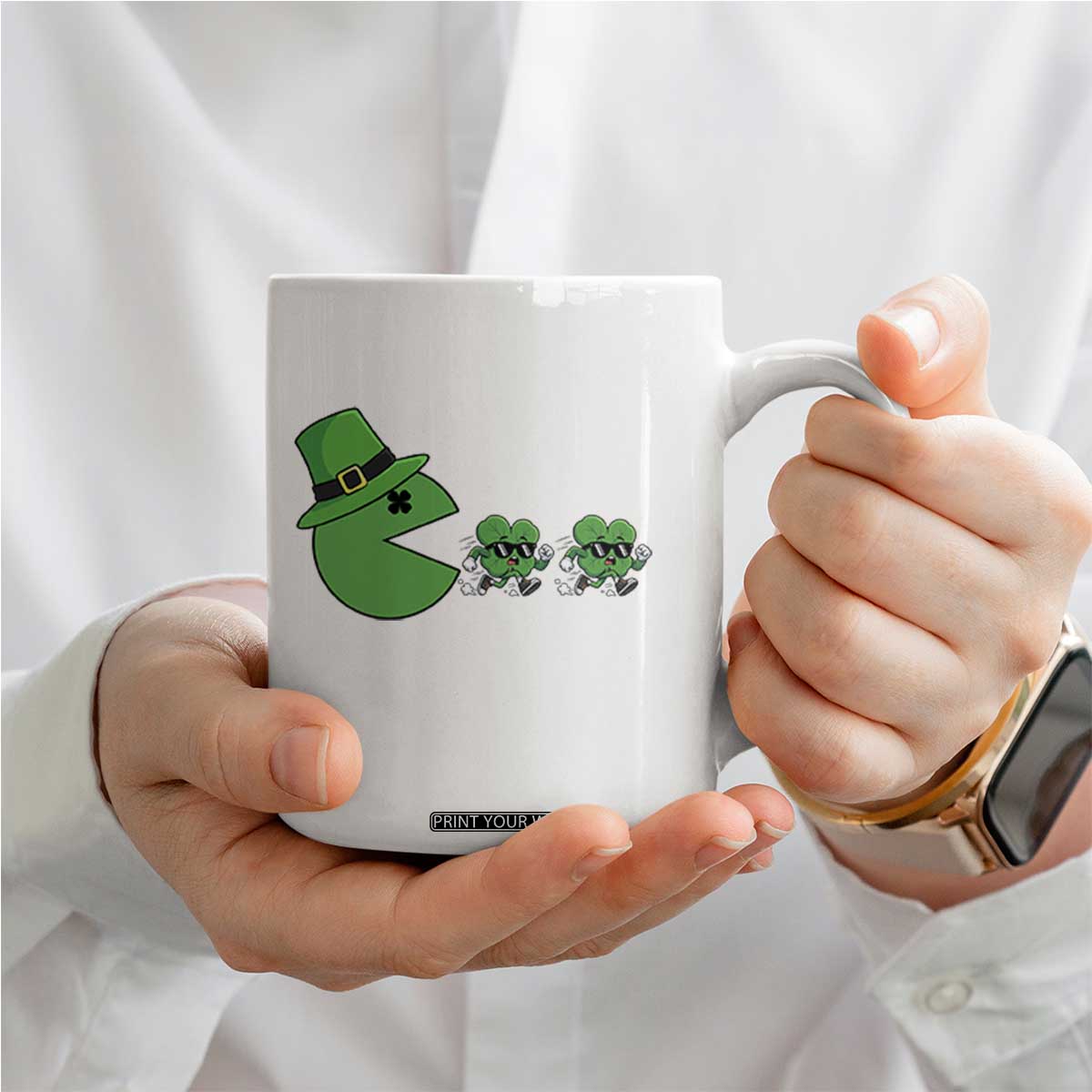 St Patricks Day Retro Gamer Eating Shamrock Lucky Gift Coffee Mug TS12 Print Your Wear