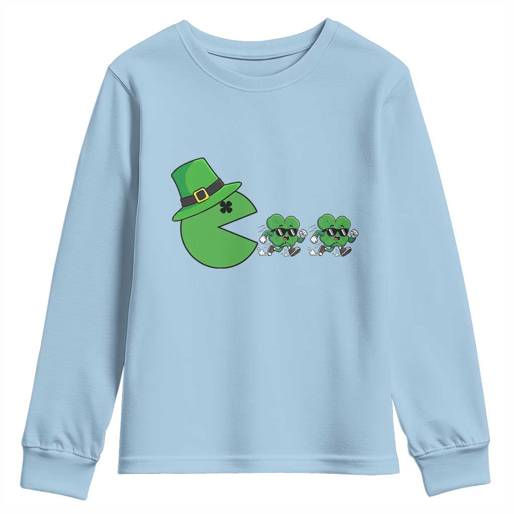St Patricks Day Retro Gamer Eating Shamrock Lucky Gift Youth Sweatshirt TS12 Light Blue Print Your Wear