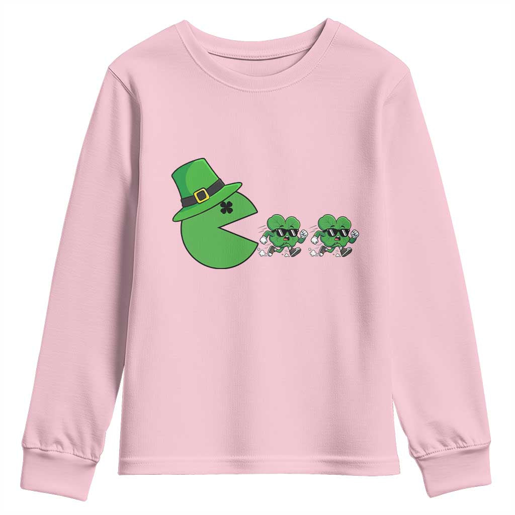 St Patricks Day Retro Gamer Eating Shamrock Lucky Gift Youth Sweatshirt TS12 Light Pink Print Your Wear
