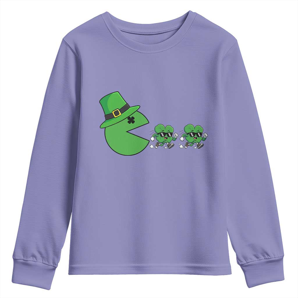 St Patricks Day Retro Gamer Eating Shamrock Lucky Gift Youth Sweatshirt TS12 Violet Print Your Wear