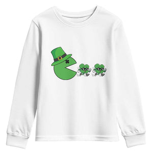 St Patricks Day Retro Gamer Eating Shamrock Lucky Gift Youth Sweatshirt TS12 White Print Your Wear