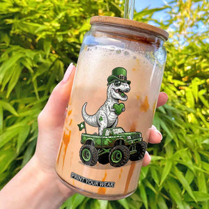 Funny St Patricks Day Dinosaur Truck Glass Can Lucky Dino Gift TS12 White Print Your Wear