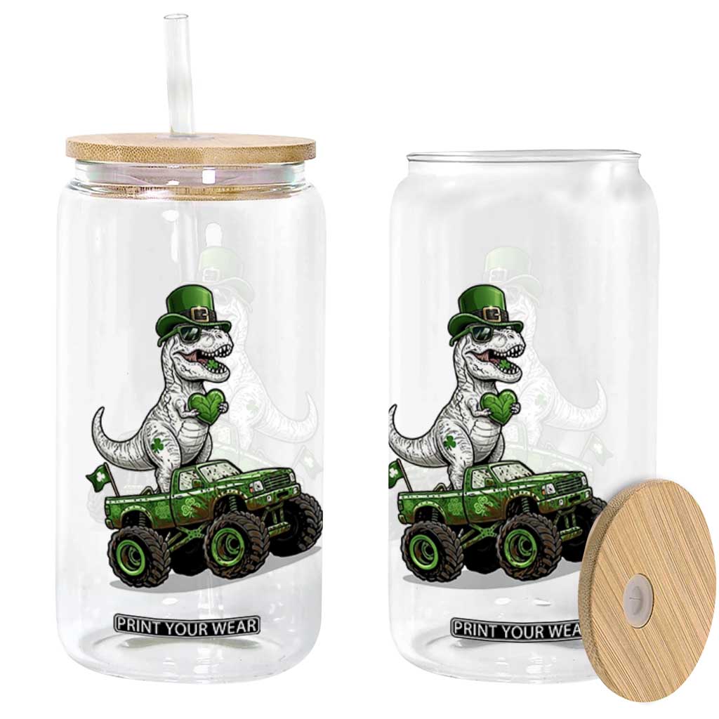 Funny St Patricks Day Dinosaur Truck Glass Can Lucky Dino Gift TS12 Print Your Wear