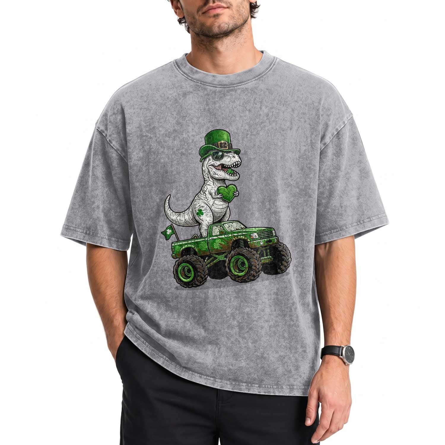Funny St Patricks Day Dinosaur Truck Washed Cotton T-Shirt Lucky Dino Gift