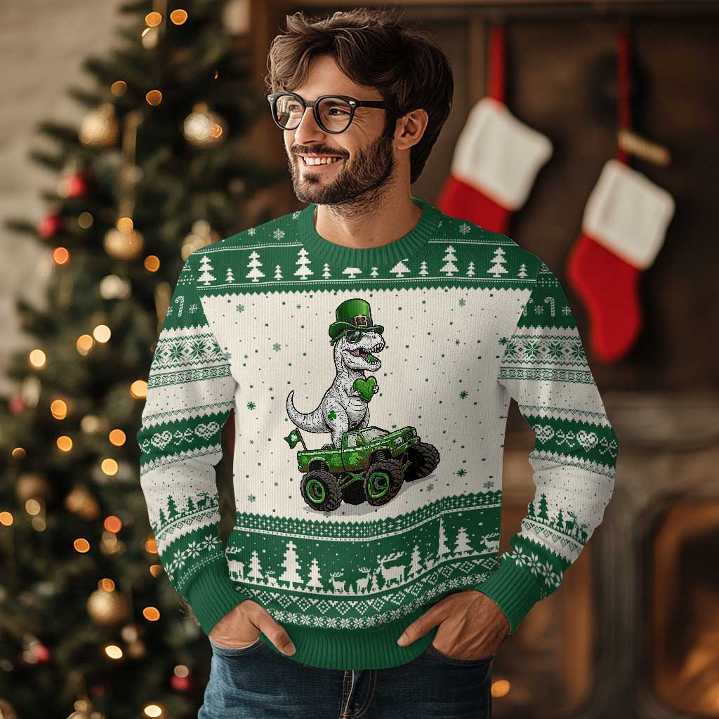 Funny St Patricks Day Dinosaur Truck Ugly Christmas Sweater Lucky Dino Gift TS12 Beige Green Print Your Wear