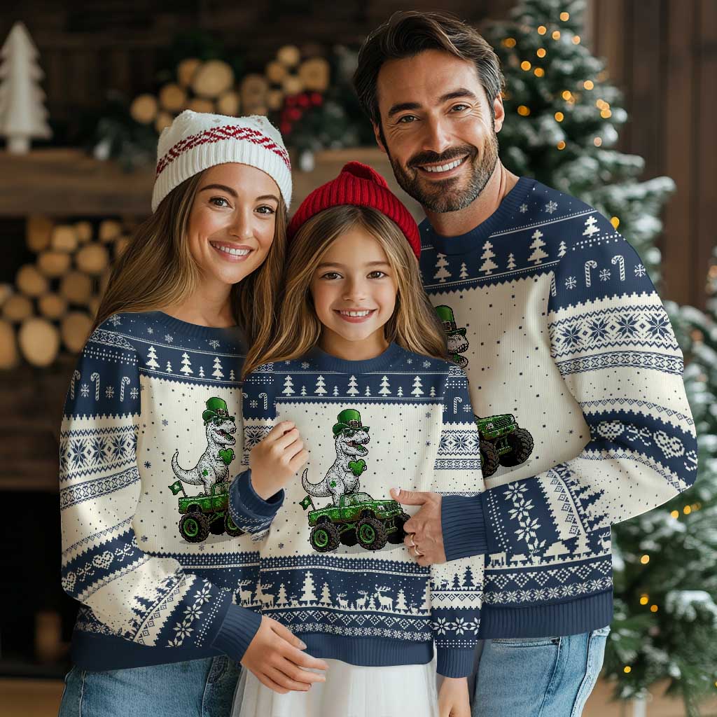 Funny St Patricks Day Dinosaur Truck Ugly Christmas Sweater Lucky Dino Gift TS12 Beige Navy Print Your Wear