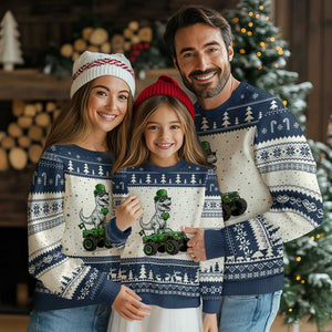 Funny St Patricks Day Dinosaur Truck Ugly Christmas Sweater Lucky Dino Gift TS12 Beige Navy Print Your Wear