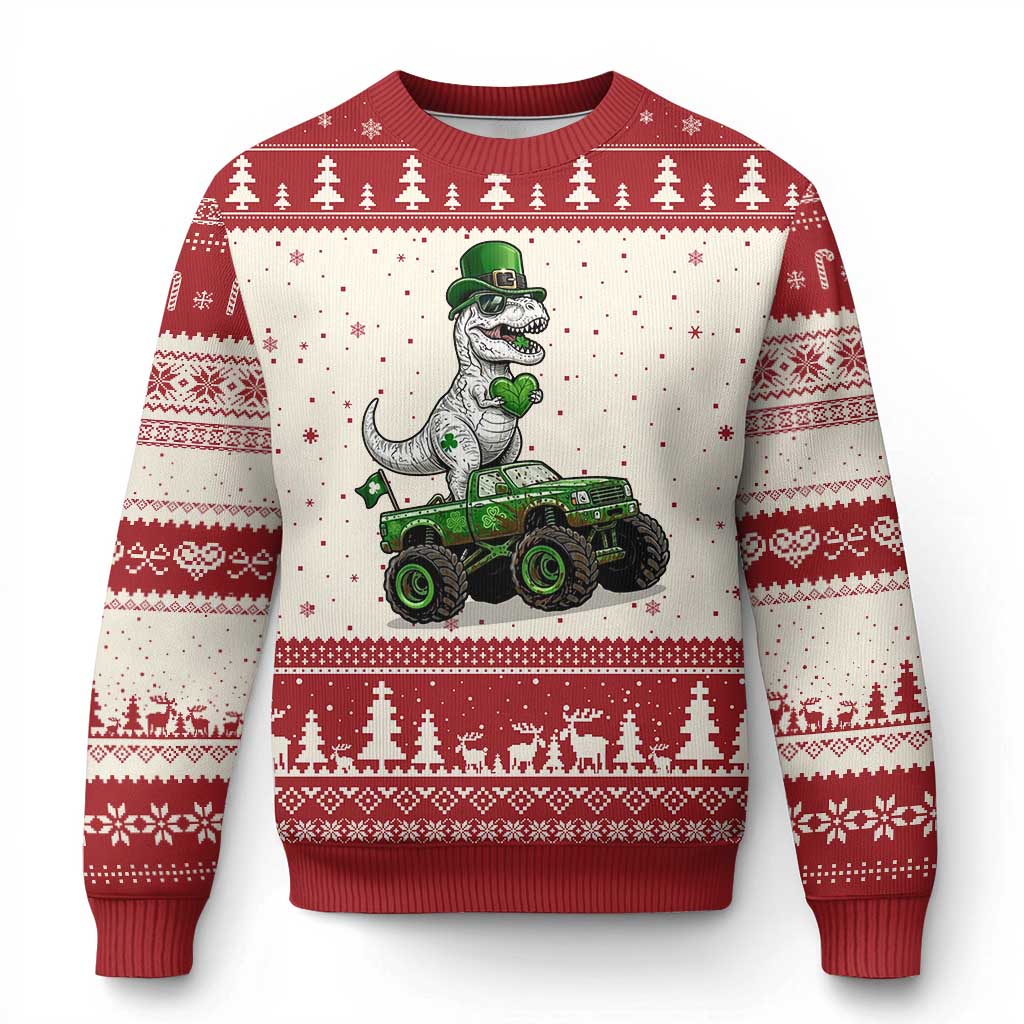 Funny St Patricks Day Dinosaur Truck Ugly Christmas Sweater Lucky Dino Gift TS12 Beige Red Print Your Wear