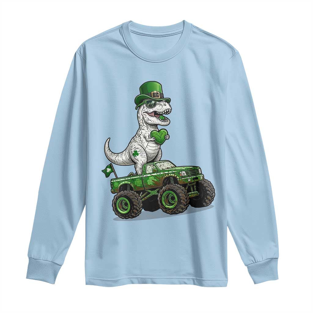 Funny St Patricks Day Dinosaur Truck Long Sleeve Shirt Lucky Dino Gift TS12 Light Blue Print Your Wear