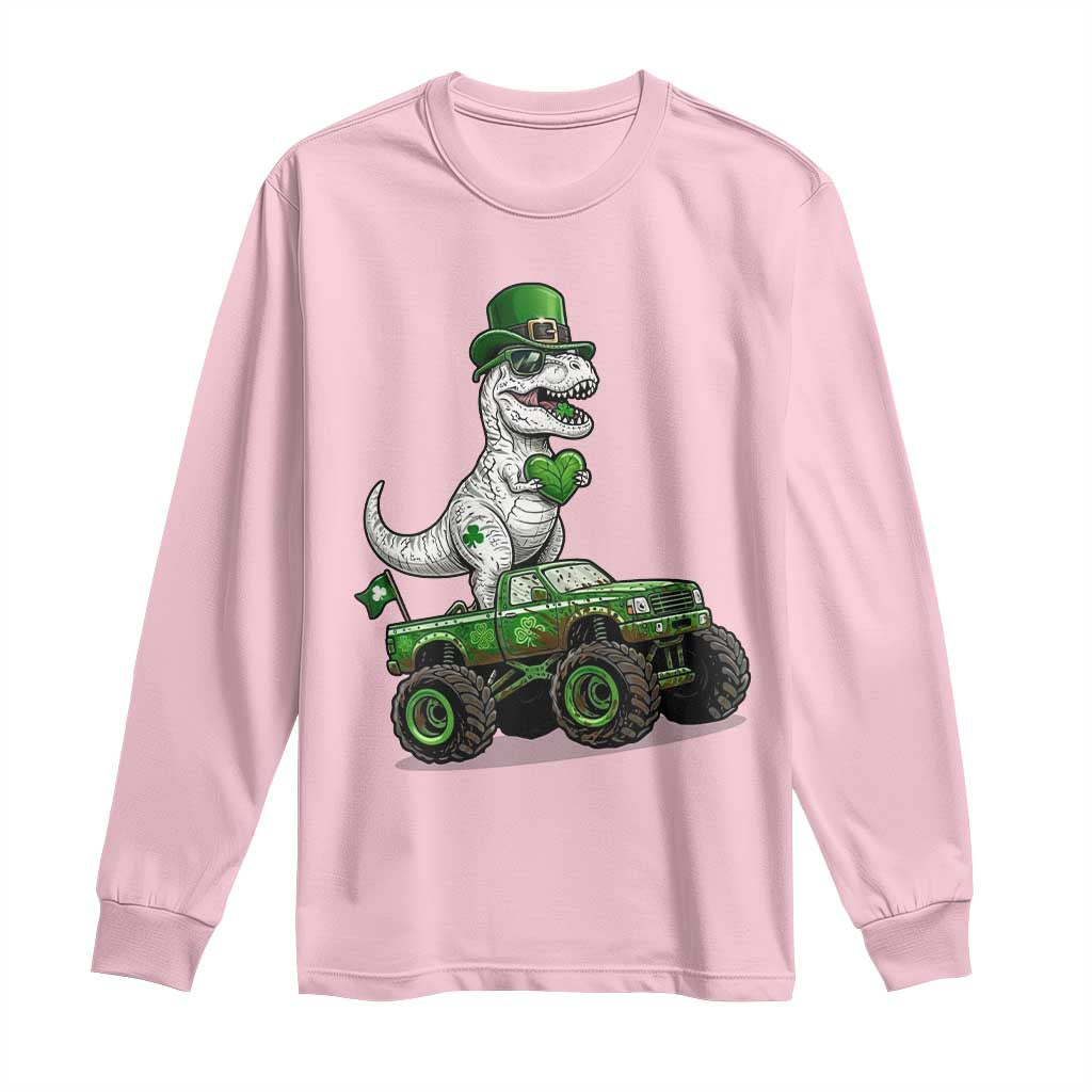 Funny St Patricks Day Dinosaur Truck Long Sleeve Shirt Lucky Dino Gift TS12 Light Pink Print Your Wear