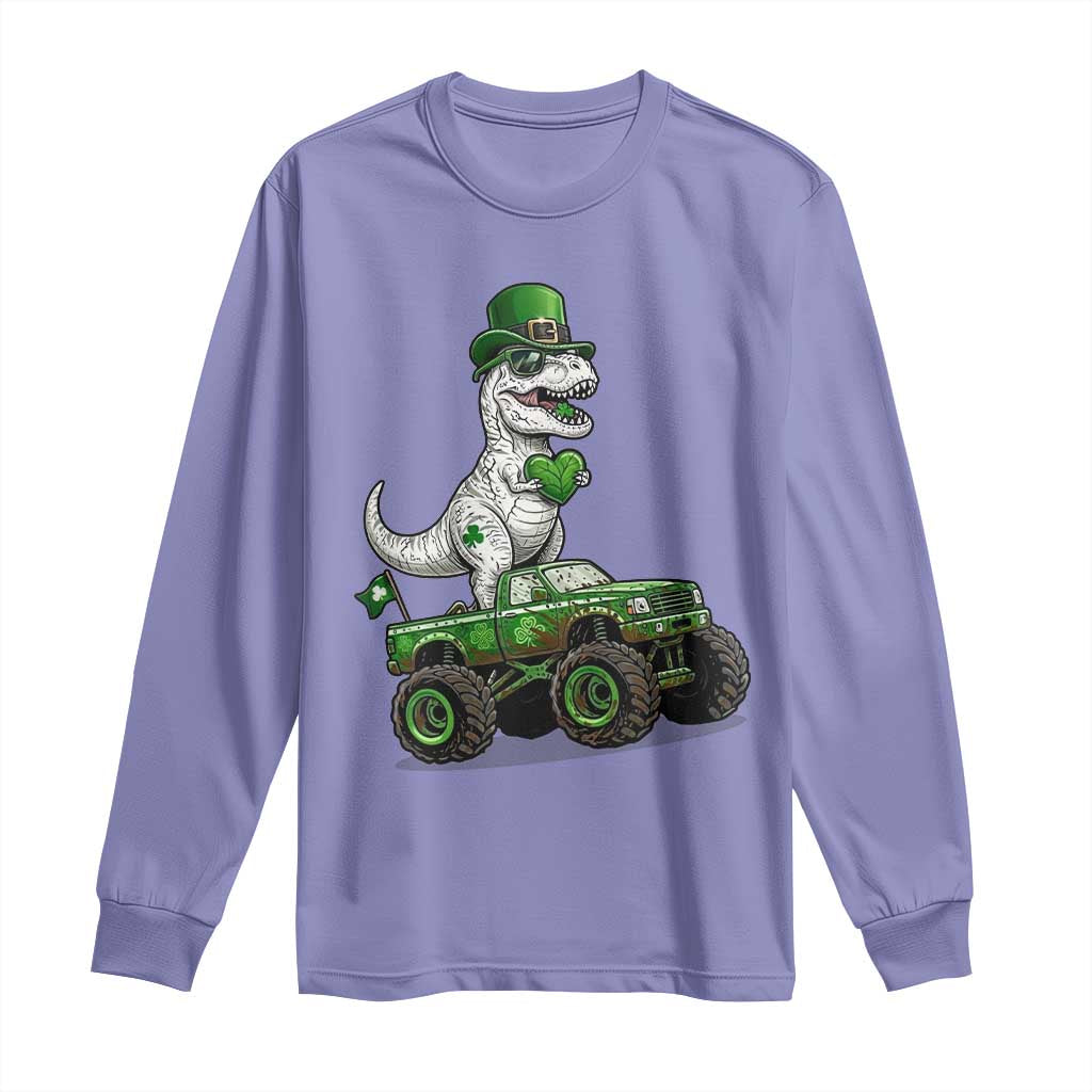 Funny St Patricks Day Dinosaur Truck Long Sleeve Shirt Lucky Dino Gift TS12 Violet Print Your Wear