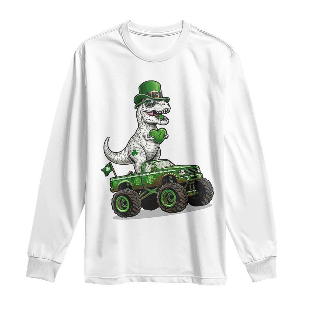 Funny St Patricks Day Dinosaur Truck Long Sleeve Shirt Lucky Dino Gift TS12 White Print Your Wear