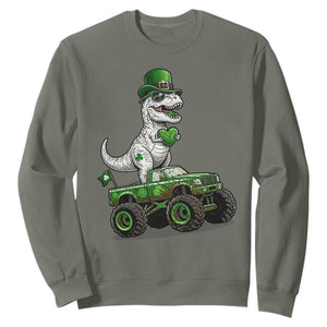 Funny St Patricks Day Dinosaur Truck Sweatshirt Lucky Dino Gift TS12 Military Green Print Your Wear