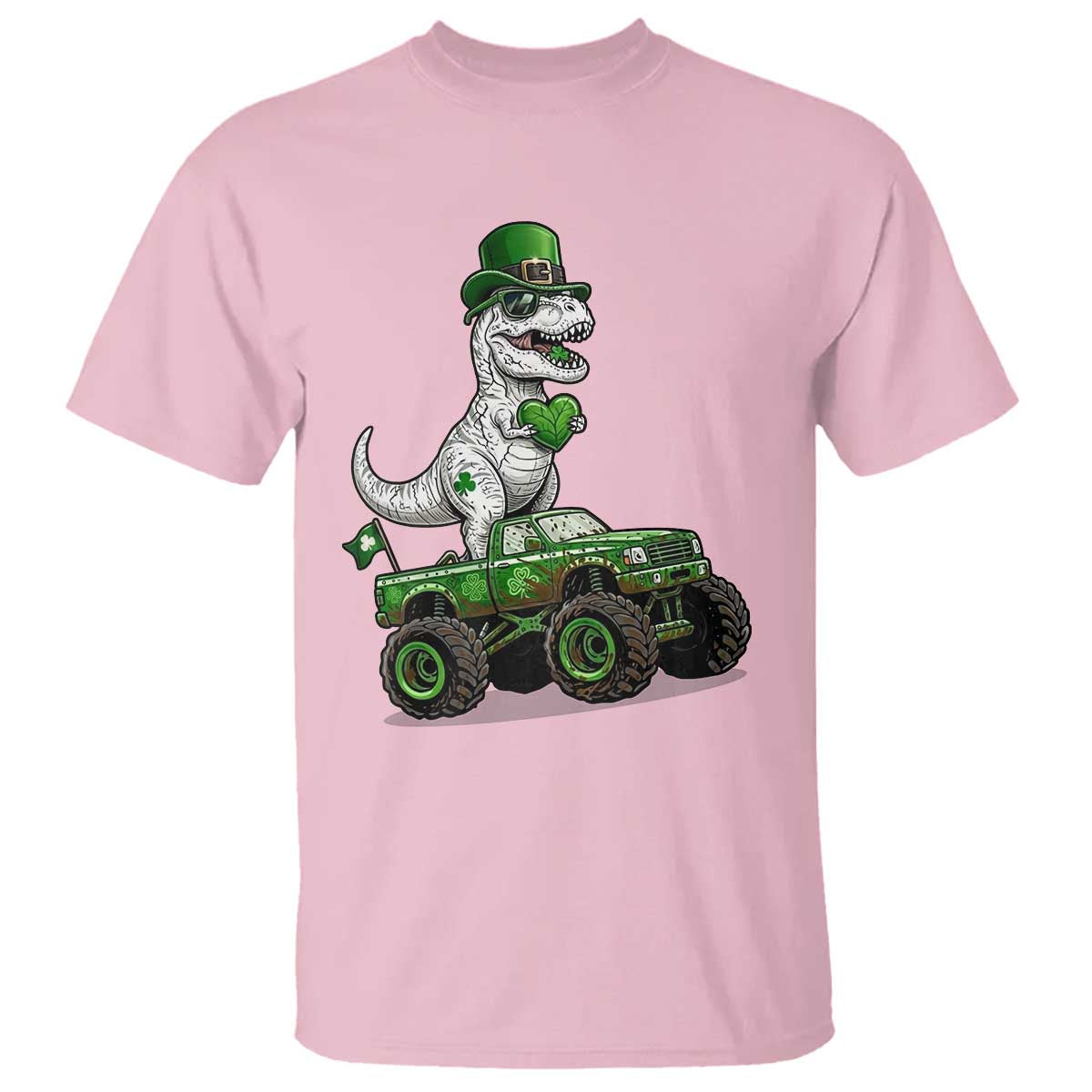 Funny St Patricks Day Dinosaur Truck T Shirt Lucky Dino Gift TS12 Light Pink Print Your Wear