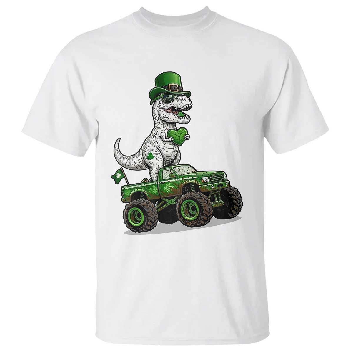Funny St Patricks Day Dinosaur Truck T Shirt Lucky Dino Gift TS12 White Print Your Wear