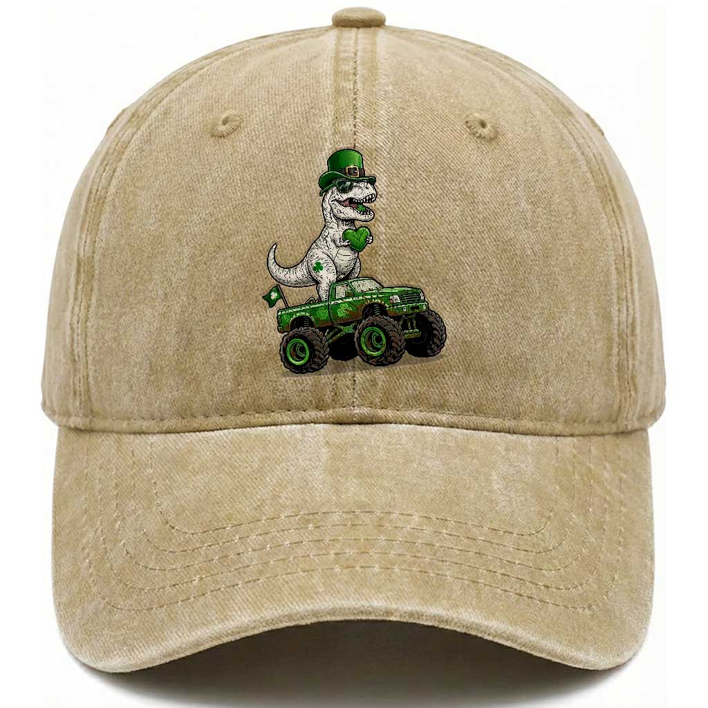 Funny St Patricks Day Dinosaur Truck Washed Cotton Baseball Cap Lucky Dino Gift TS12 Print Your Wear