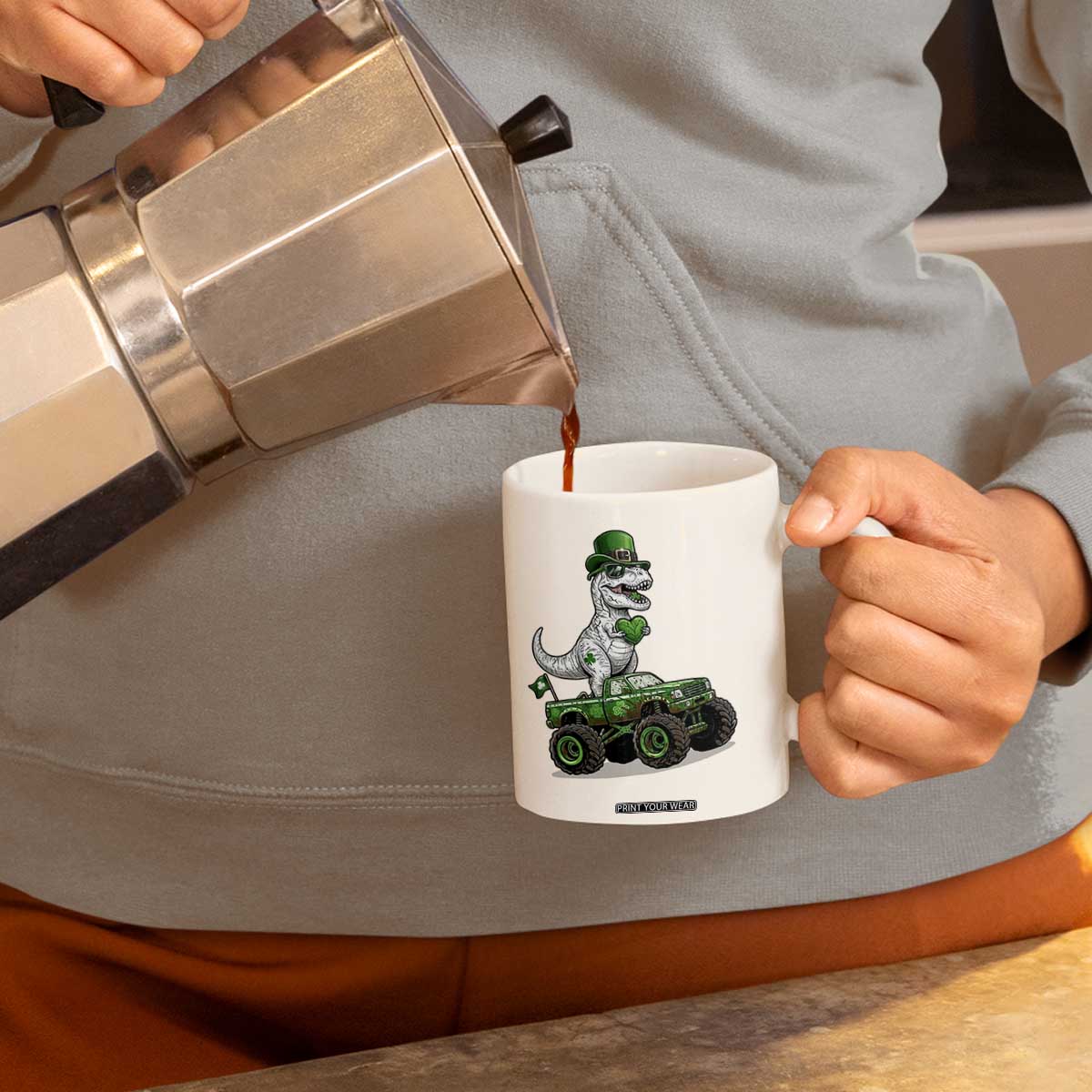 Funny St Patricks Day Dinosaur Truck Coffee Mug Lucky Dino Gift TS12 Print Your Wear