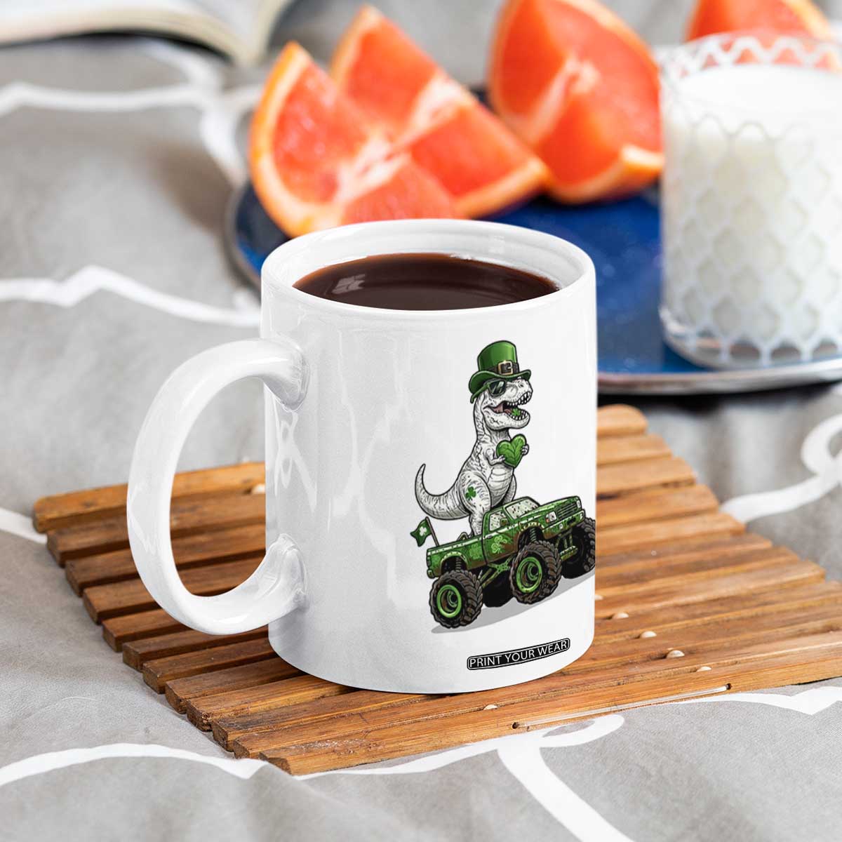 Funny St Patricks Day Dinosaur Truck Coffee Mug Lucky Dino Gift TS12 Print Your Wear