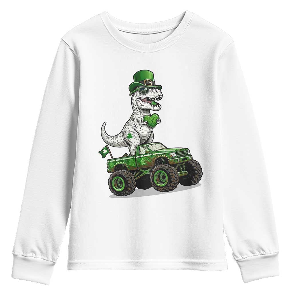 Funny St Patricks Day Dinosaur Truck Youth Sweatshirt Lucky Dino Gift TS12 White Print Your Wear