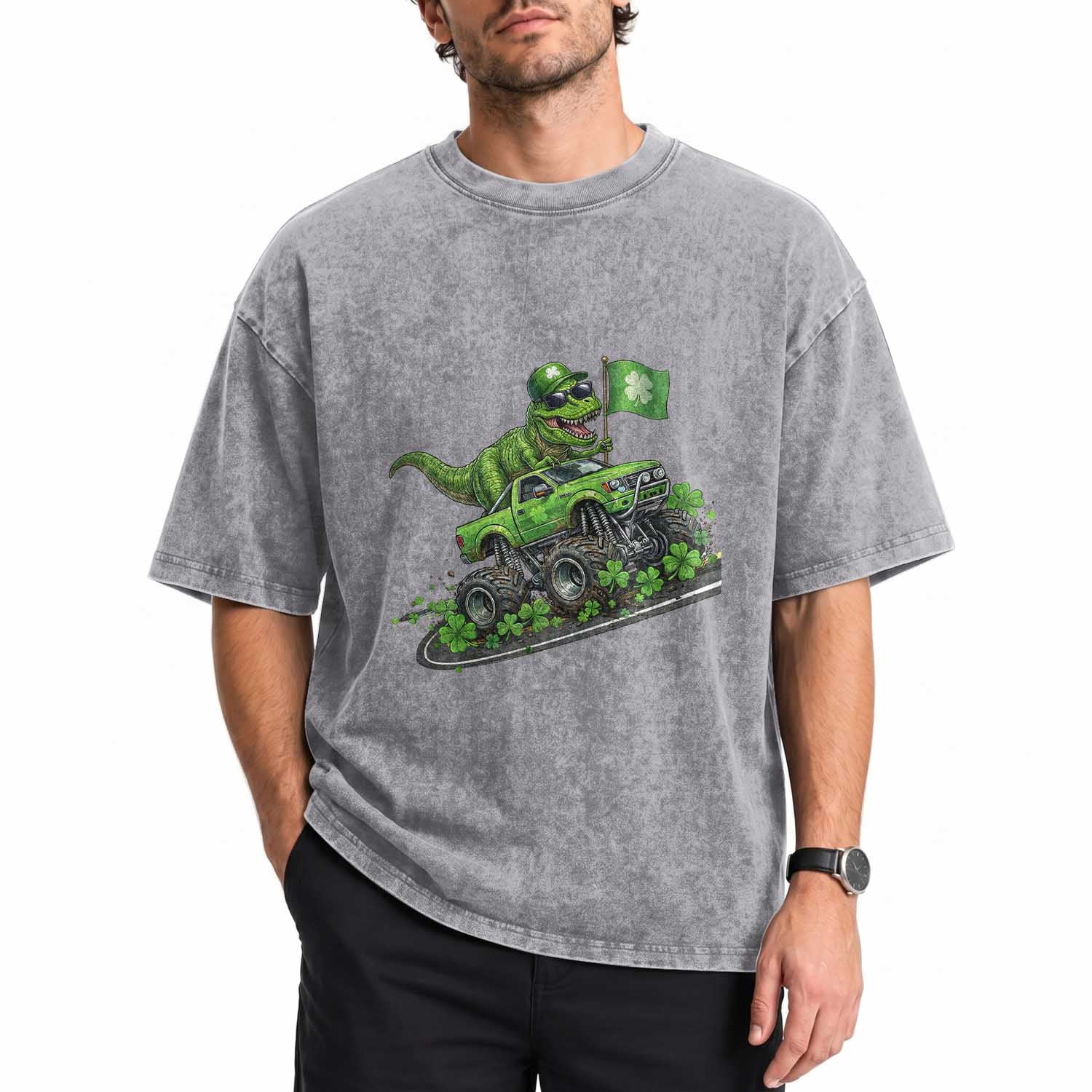 Funny St Patricks Day Dinosaur Truck Washed Cotton T-Shirt Irish Holiday Gift